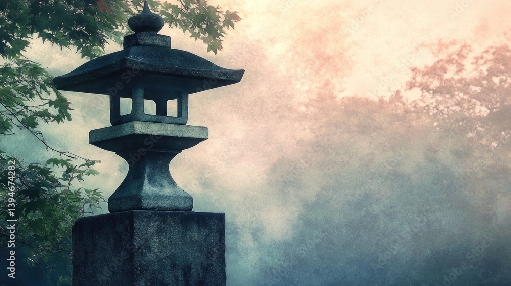 Stone lantern in misty garden