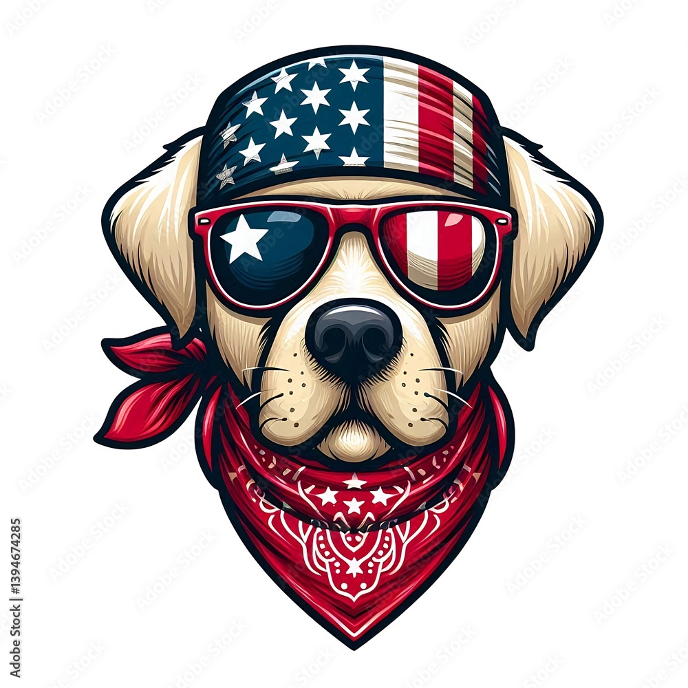 Fototapeta premium Cool Dog with American Flag Bandana and Sunglasses Illustration