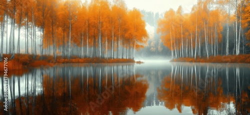 Stunning autumn landscape with orange foliage reflecting on tranquil lake