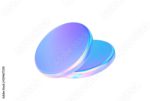 3d glass disk shape hologram effect. Render abstract neon pink blue coin. Fly round podium, disc, badge, lens, plate crystal isolation. Y2k hologram shape. Vector trendy illustration