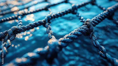 Close-up of intricate rope net in water