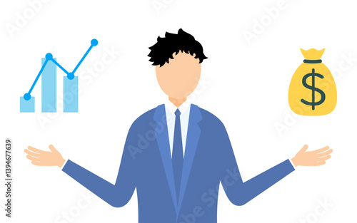 ビジネススーツを着たビジネスマンが売上とグラフを分析するシンプルなイラスト