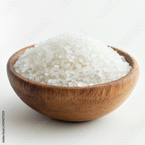 A close-up photo of a heap of jasmine rice grains in a wooden bowl, on a white background