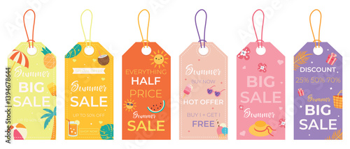 Big vector summer sale label set. Summer seasonal discount, big sale, special, hot offer, half price tag and shop now. Summer sale up to 50%, 40%, 25%, 70% off shopping tag. Sale banner template