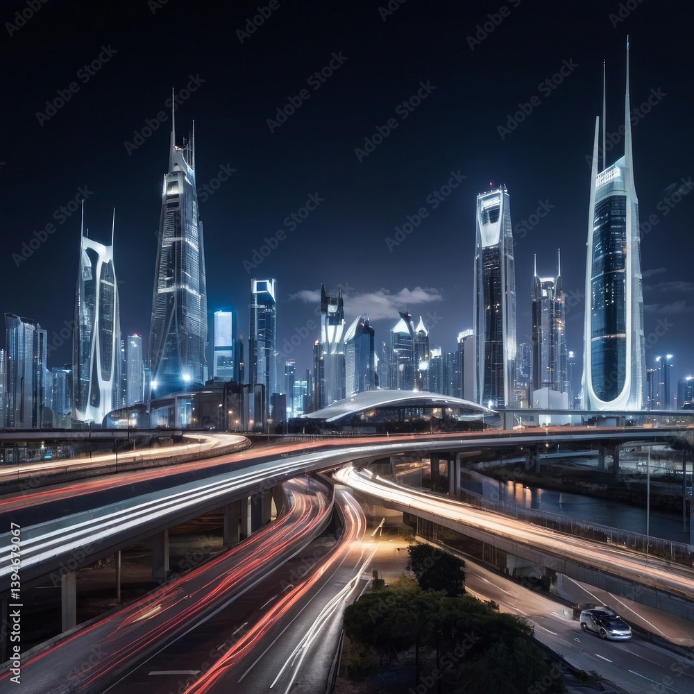 Fototapeta premium Smart city skyline at night with self-driving cars and integrated advanced technology — futuristic urban landscape in high detail
