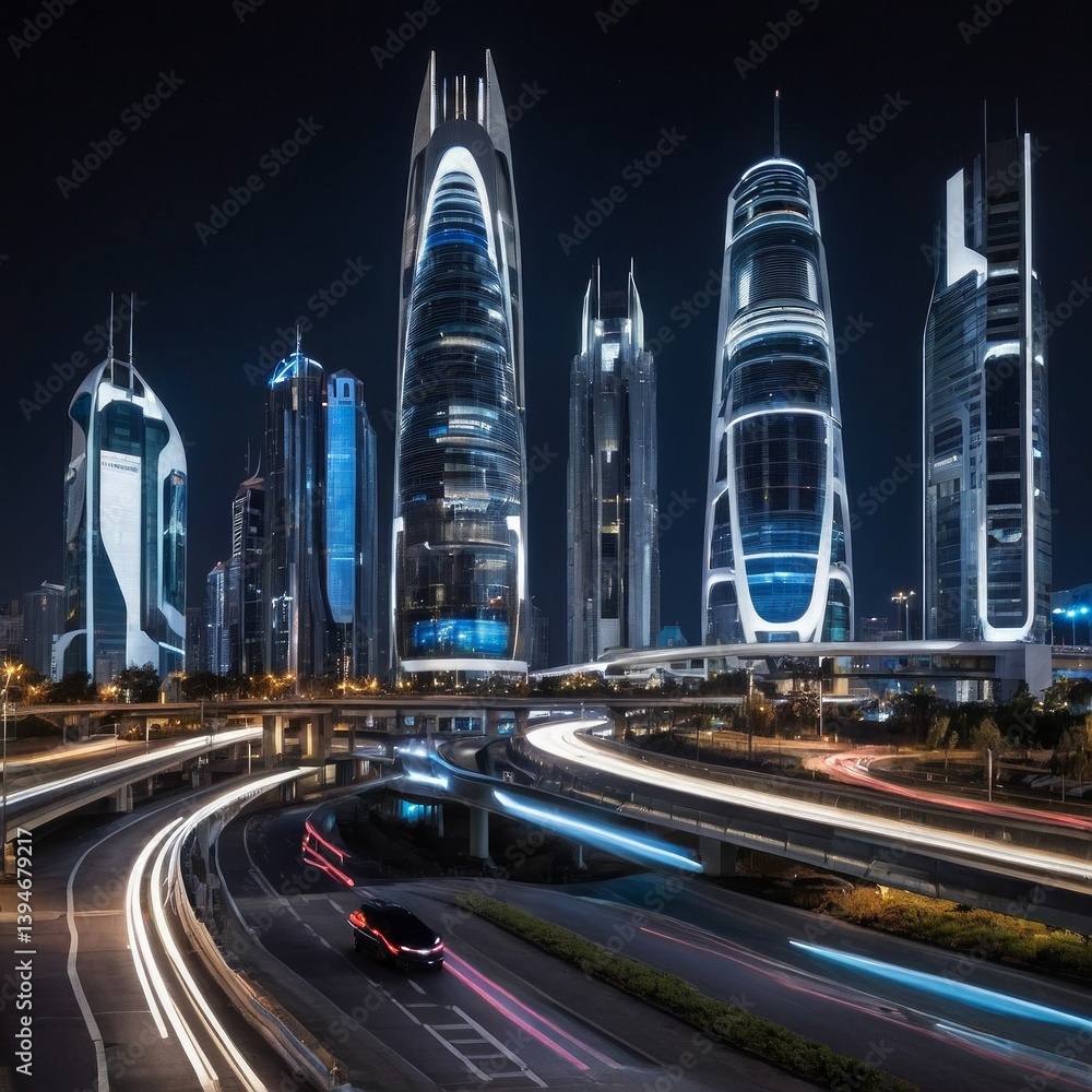 Fototapeta premium Smart city skyline at night with self-driving cars and integrated advanced technology — futuristic urban landscape in high detail