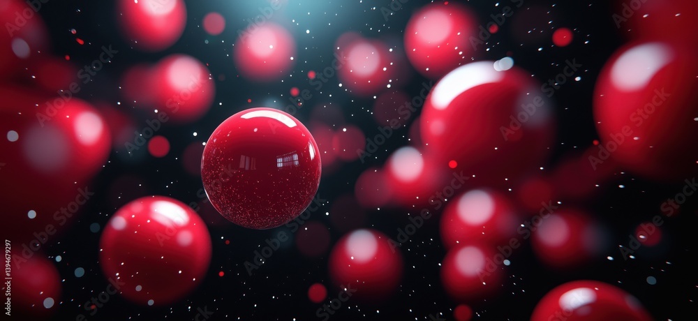 Red spheres floating in dark space with sparkling particles and light effects Red spheres floating in dark space with sparkling particles and light effects