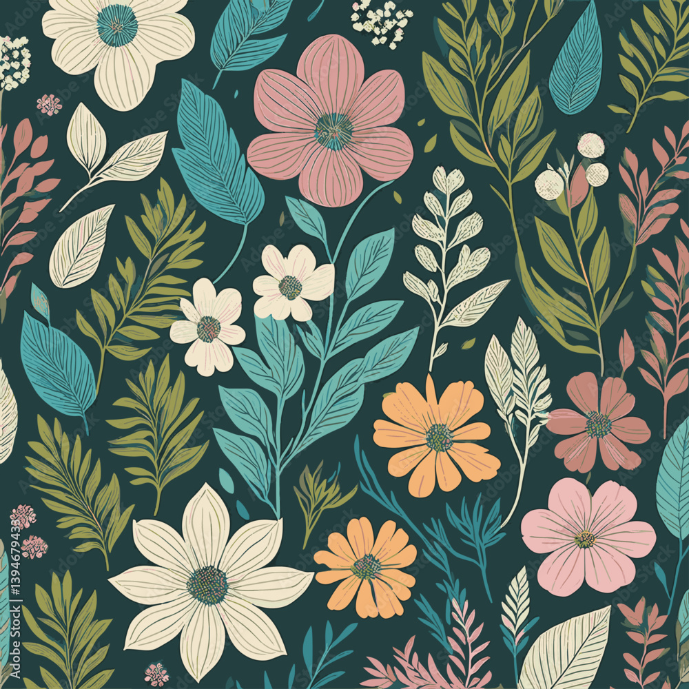 Illustration Motif Fleurs et Feuillages Nature Végétation, Papier Peint Couleurs diverses Vecteur Illustration Motif Fleurs et Feuillages Nature Végétation, Papier Peint Couleurs diverses Vecteur
