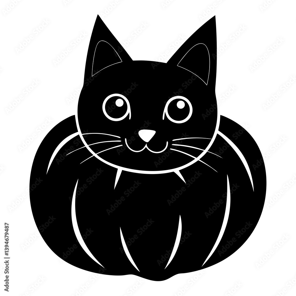 Obraz premium A black cat peeking out of a pumpkin, cute illustration, white background 