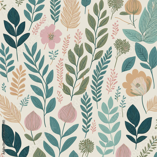 Illustration Motif Fleurs et Feuillages Nature Végétation, Papier Peint Couleurs diverses Vecteur