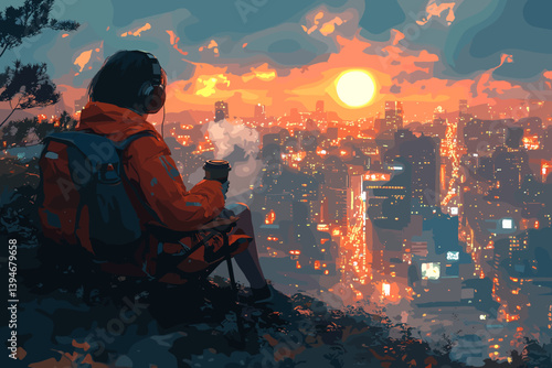 Vector illustration of a person with headphones watching a cityscape at sunset from above. Futuristic urban scene with neon lights, modern buildings, and peaceful mood