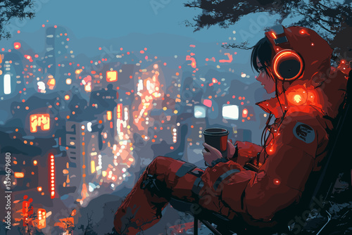 Vector illustration of a person with headphones watching a cityscape at sunset from above. Futuristic urban scene with neon lights, modern buildings, and peaceful mood