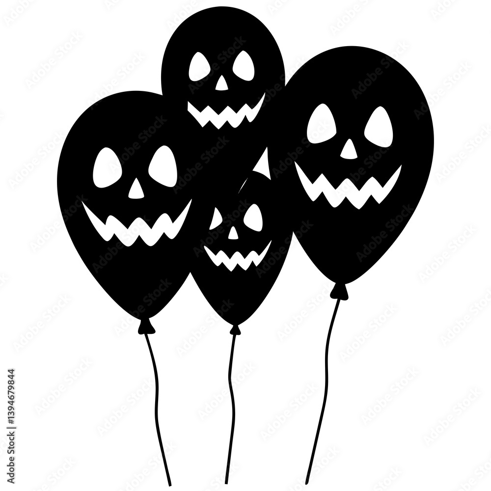 A group of colorful Halloween balloons with spooky faces, white background, A group of colorful Halloween balloons with spooky faces, white background,