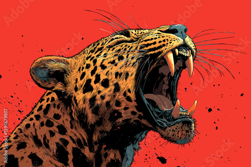 Vector illustration of a roaring leopard with mouth wide open against a bold red background. Powerful and dramatic wildlife art with strong emotional impact