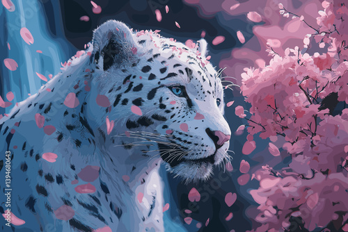 Vector illustration of a majestic snow leopard surrounded by pink cherry blossoms. Dreamy and elegant wildlife scene with soft lighting and falling petals