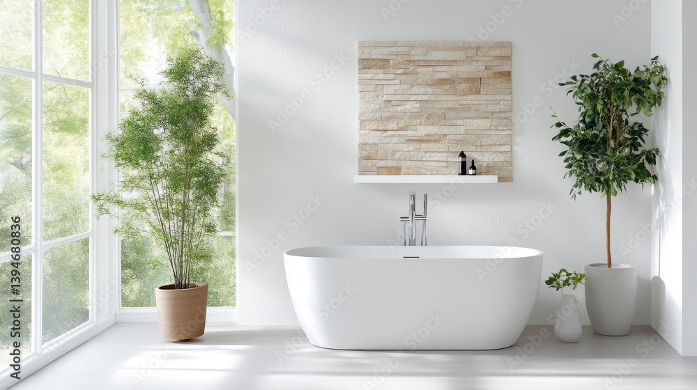 Fototapeta premium Bright, modern bathroom with natural light and plants
