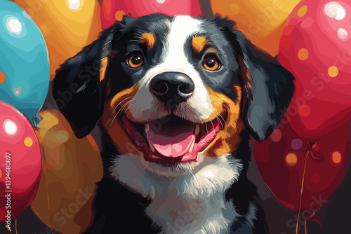 Vector illustration of a happy dog surrounded by colorful balloons. Joyful and festive pet portrait with a playful and cheerful atmosphere
