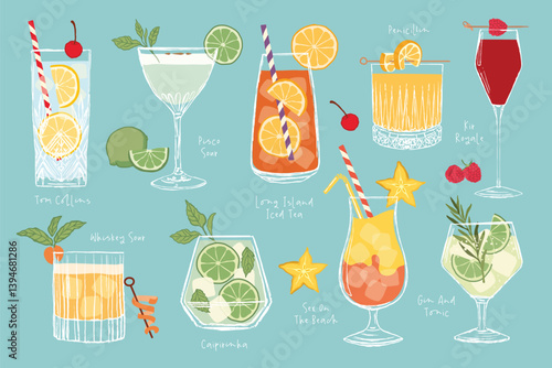 Colorful Hand-Drawn Vector Cocktail Collection