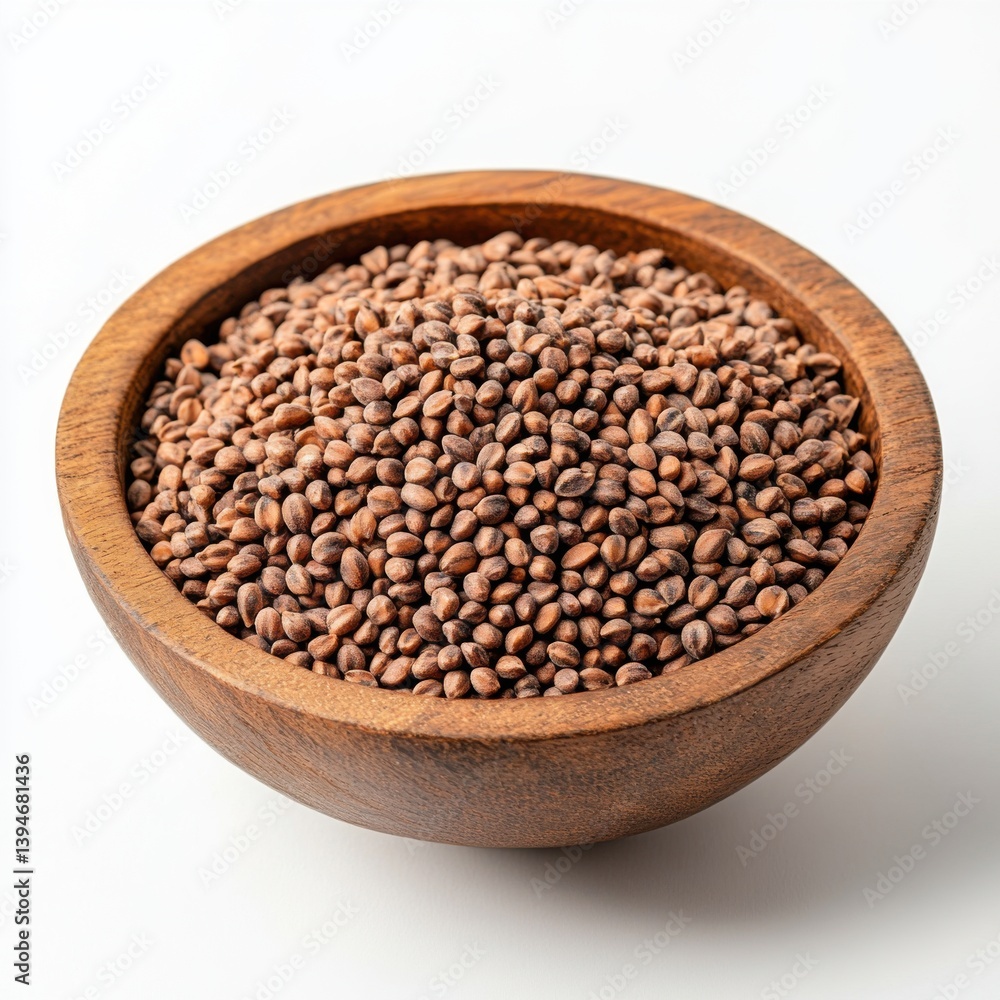 A close-up photo of a heap of rye grains in a wooden bowl, on a white background A close-up photo of a heap of rye grains in a wooden bowl, on a white background