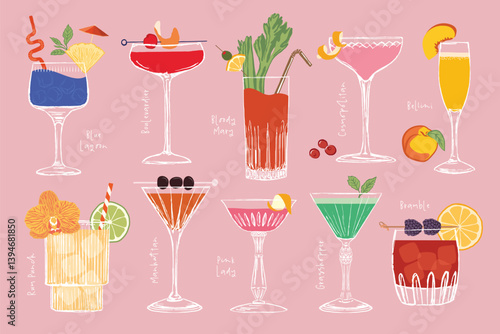 Colorful Hand-Drawn Vector Cocktail Collection