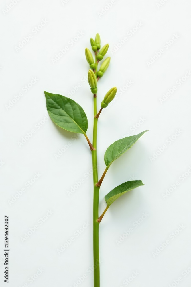 Obraz premium A single stem with tiny buds on a white background, plant,