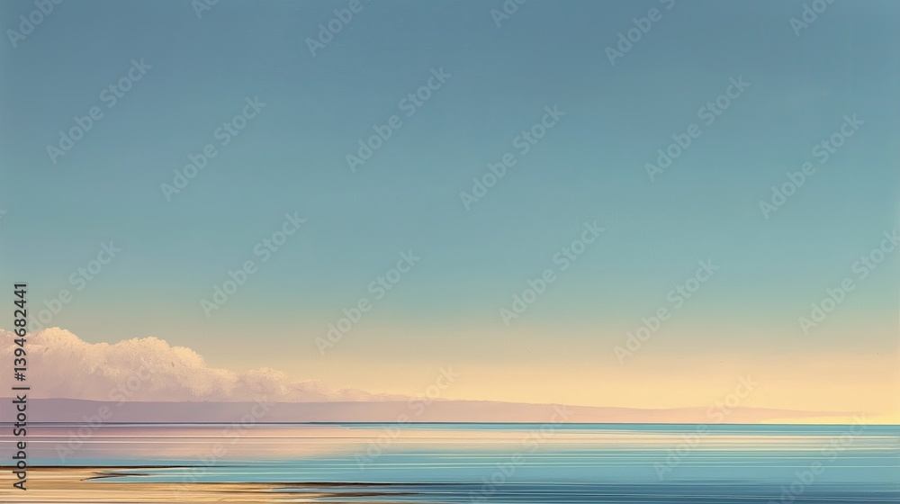 Obraz premium Minimalist painting of a coastal skyline with soft gradients of blue and gold meeting the ocean horizon