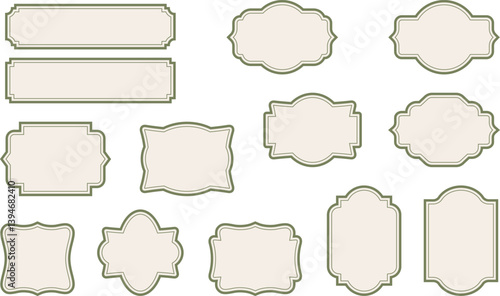 Elegant vintage labels with ornate frame in beige and green color. Classic tags with decorative border for handmade branding and natural, organic packaging. Set of vector designs with blank space