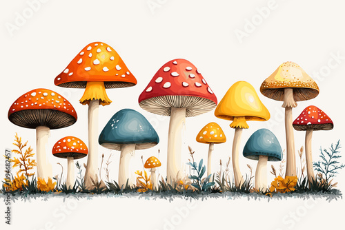 Vector illustration of colorful fantasy mushrooms with white spots, growing in grass. Whimsical and vibrant forest fungi in a magical nature setting