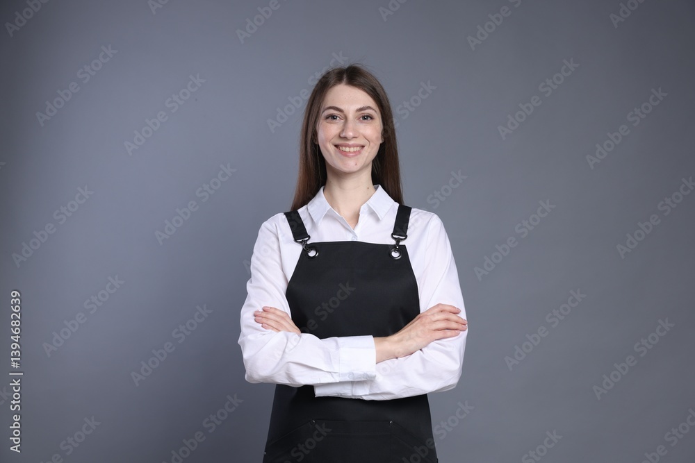 Portrait of smiling barista on grey background Portrait of smiling barista on grey background
