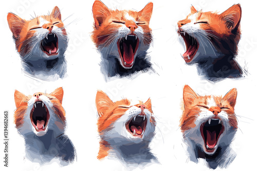 Vector illustration of six expressive orange cats yawning or meowing, showing wide open mouths. Cute and funny animal portraits with strong emotion and style