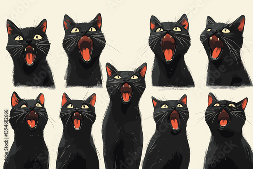 Vector illustration of multiple black cats with open mouths in various expressive poses. Funny and spooky feline characters with dramatic facial expressions