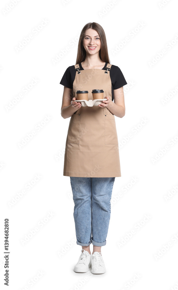 Smiling barista with paper takeaway cups of hot drink on white background Smiling barista with paper takeaway cups of hot drink on white background