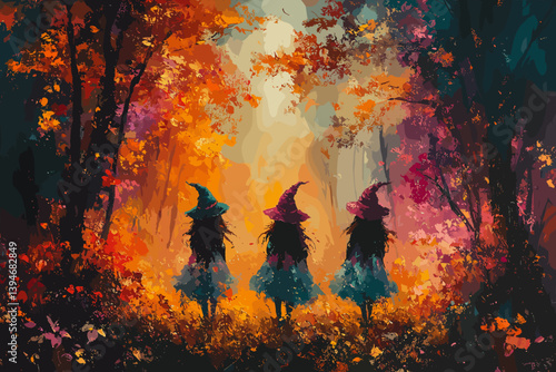 Vector illustration of three witches walking through an autumn forest. Mysterious and magical Halloween scene with vibrant fall foliage and enchanted atmosphere