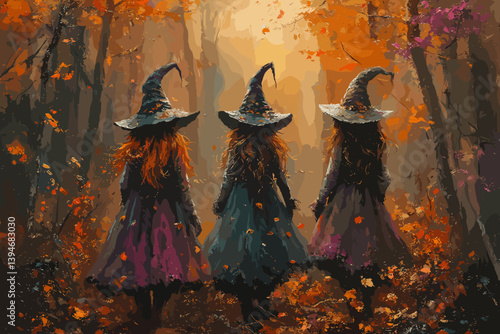 Vector illustration of three witches walking through an autumn forest. Mysterious and magical Halloween scene with vibrant fall foliage and enchanted atmosphere