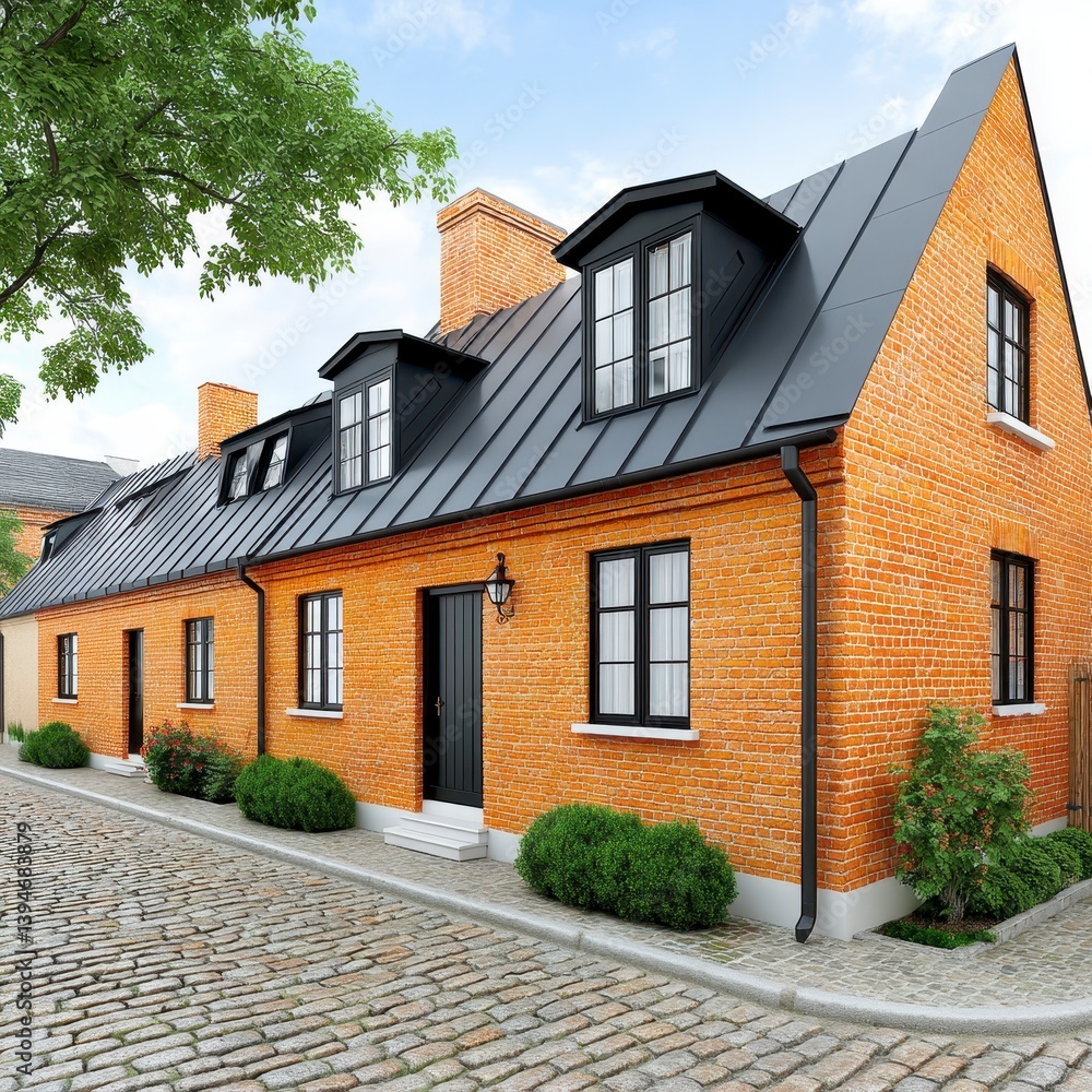 Obraz premium Charming Orange Brick House with Gray Metal Roof on Cobblestone Street