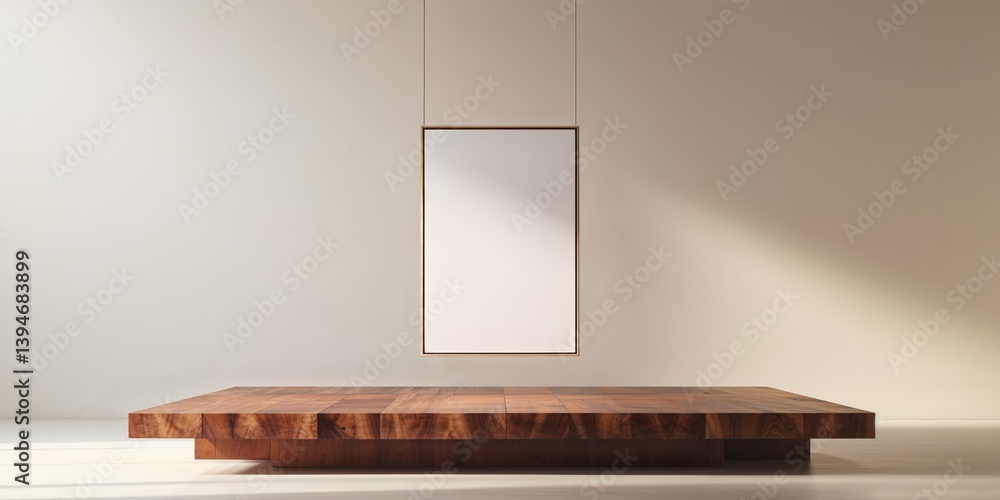 Blank canvas hangs above wooden platform in art gallery