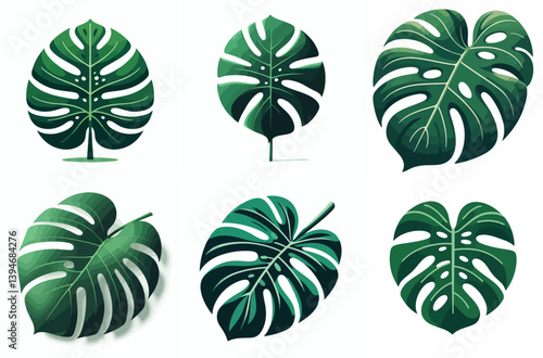 Single monstera leaf in flat design, no shadows, vibrant green, on a plain white background