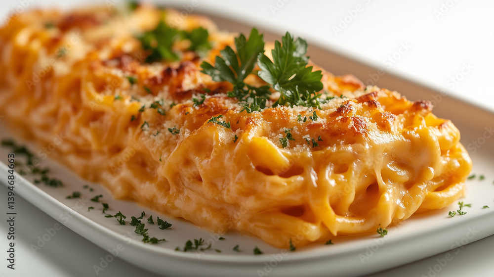 Gourmet Macaroni and Cheese Dish with Parsley on White Plate Dinner Cuisine Close Up Gourmet Macaroni and Cheese Dish with Parsley on White Plate Dinner Cuisine Close Up