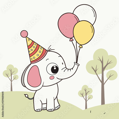 Cute baby elephant wearing a party hat and holding balloons