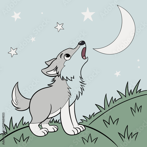 Cute wolf pup howling under a starry sky
