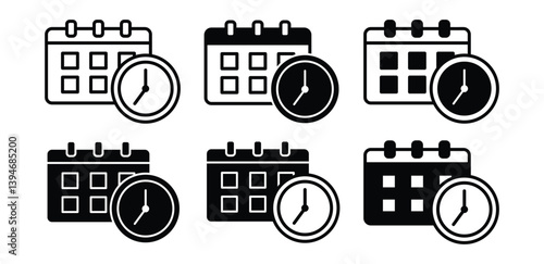 Collection of Black and White Calendar and Clock Icons for Schedule and Time Management Vector Design