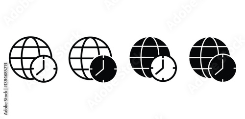 World Time Zone Icons Black and White Globe and Clock Set Vector Design