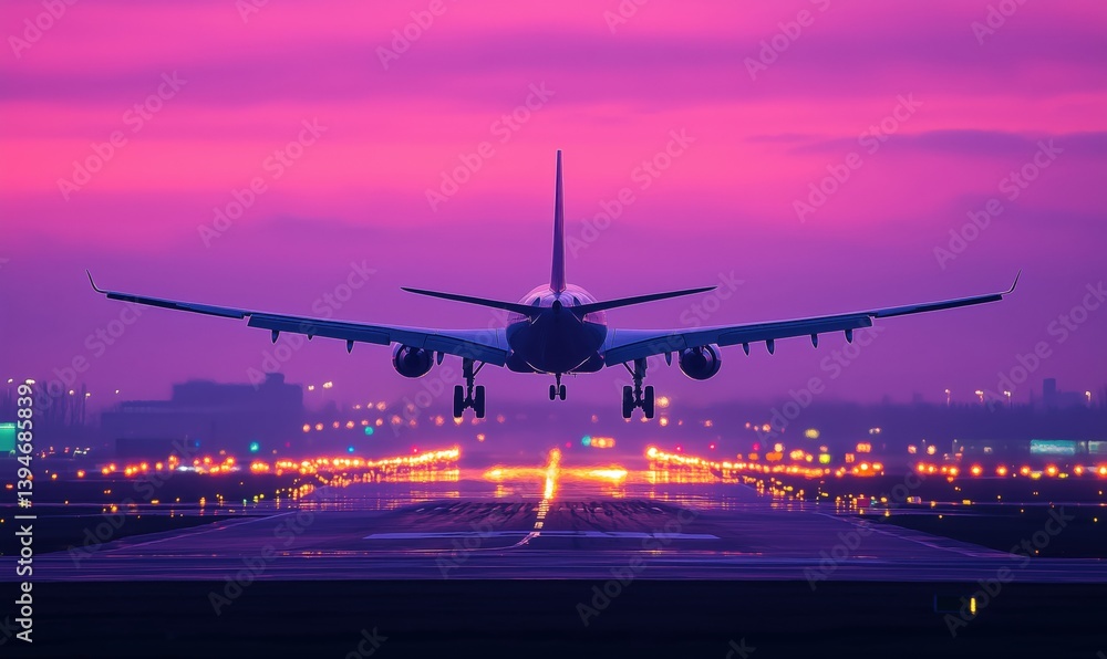 Airplane landing at sunset with vibrant purple sky and illuminated runway lights Airplane landing at sunset with vibrant purple sky and illuminated runway lights