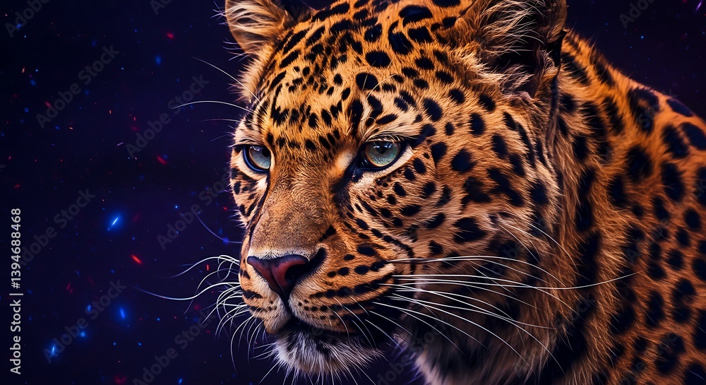 Obraz premium Close Up Portrait of a Leopard Against a Cosmic Night Sky Background