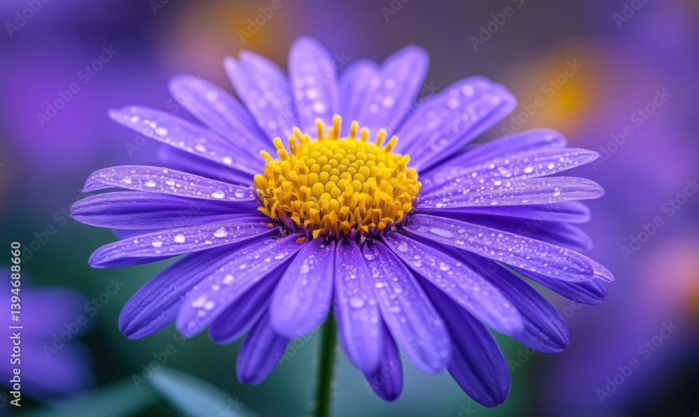 Vibrant purple flower with dew drops showcasing intricate petal details and bright yellow center Vibrant purple flower with dew drops showcasing intricate petal details and bright yellow center
