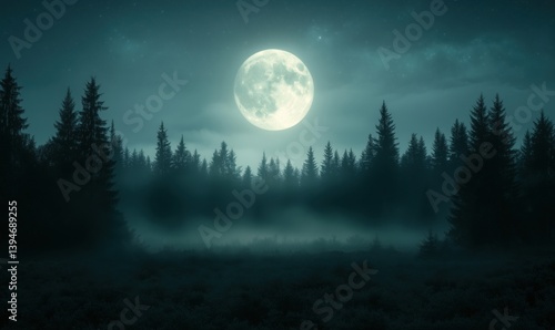 Mysterious moonlit forest landscape with fog and towering pine trees