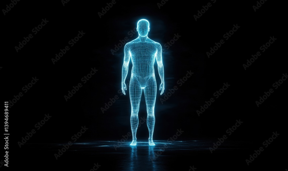 3D holographic human figure with glowing wireframe design on dark background 3D holographic human figure with glowing wireframe design on dark background