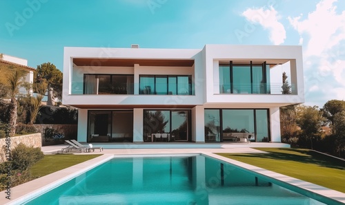 Modern luxury villa with pool and landscaped garden in sunny environment