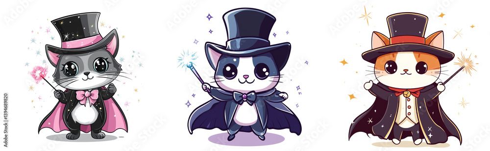 A kawaii cartoon cat in a magician costume, wearing a top hat and cape, holding a magic wand with sparkles around, on a transparant background. A kawaii cartoon cat in a magician costume, wearing a top hat and cape, holding a magic wand with sparkles around, on a transparant background.