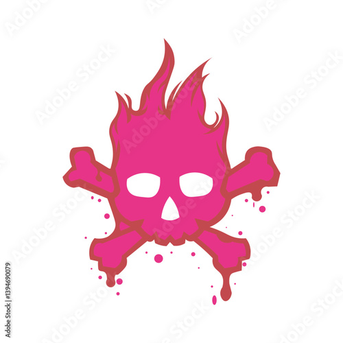 Pink flaming skull and crossbones graphic with dripping effect. The skull features stylized flames emanating from the top, while the crossbones extend behind it